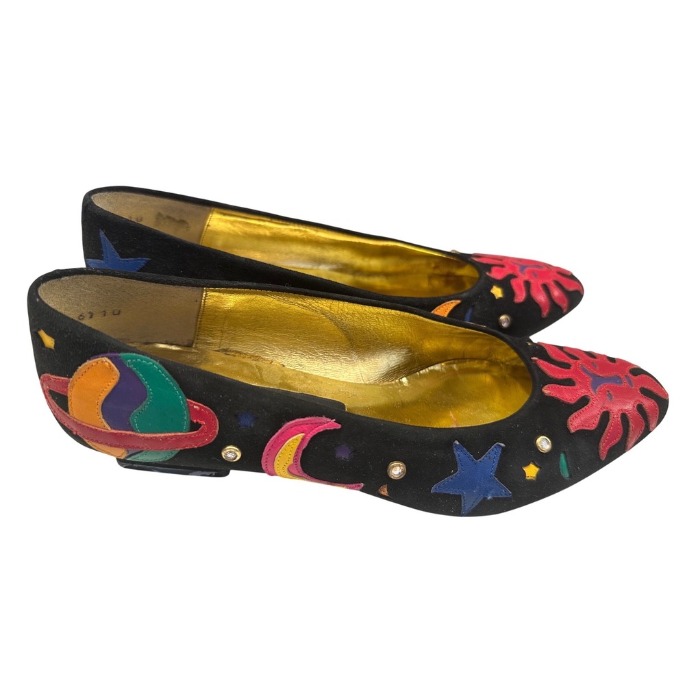 Vintage Zalo Black Suede Celestial Sun Moon Star Planet Pumps Heels 80s Sz 6.5M